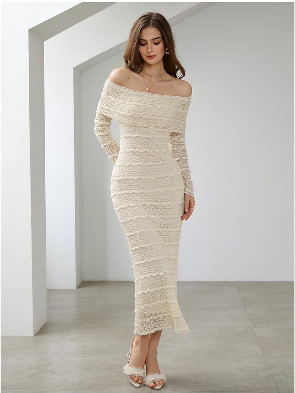 Verdusa Women's Floral Lace Off The Shoulder Bodycon Maxi Crochet Dress Small